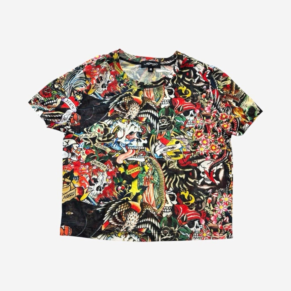 Ed Hardy Tattoo Graphic Mesh Crop Top Womens Small Skulls Y2K